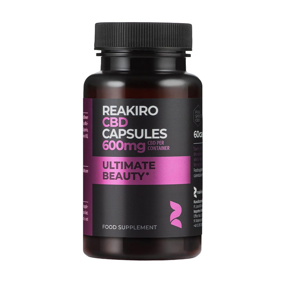 Kapsułki kannabidiol Ultimate Beauty 600 mg Reakiro, 60 sztuk z 10 mg kannabidiolu i olejem z nasion konopi