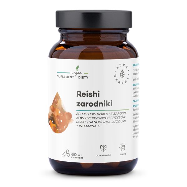 Reishi zarodniki 800 mg + witamina C, kapsułki 60 szt Reishi zarodniki 800 mg + witamina C Aura Herbals, 60 wegańskich kapsułek