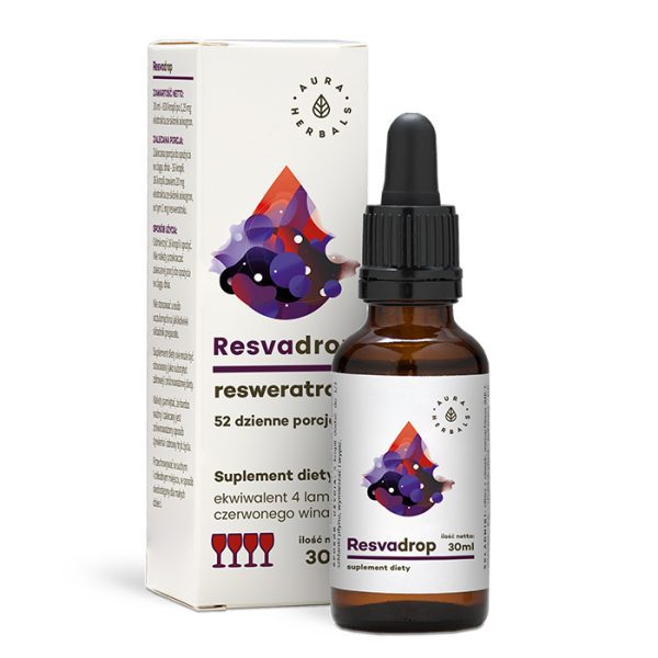 Resvadrop, Resweratrol, krople 30 ml Resvadrop resweratrol krople 30 ml: buteleczka z aplikatorem Aura Herbals