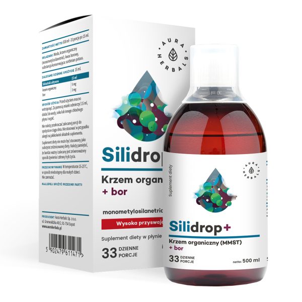 Silidrop+ krzem organiczny MMST + bor, płyn 500 ml Silidrop+ krzem MMST z borem 500 ml Aura Herbals: płyn z miarką