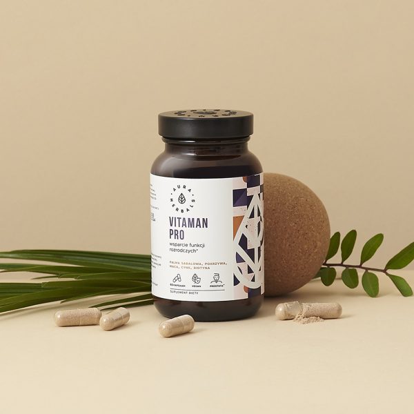 Vitaman Pro, wsparcie funkcji rozrodczych, kapsułki 60 szt Kapsułki z ekstraktem Serenoa repens, pokrzywy i maca: słoik 60 szt, ujęcie z bliska