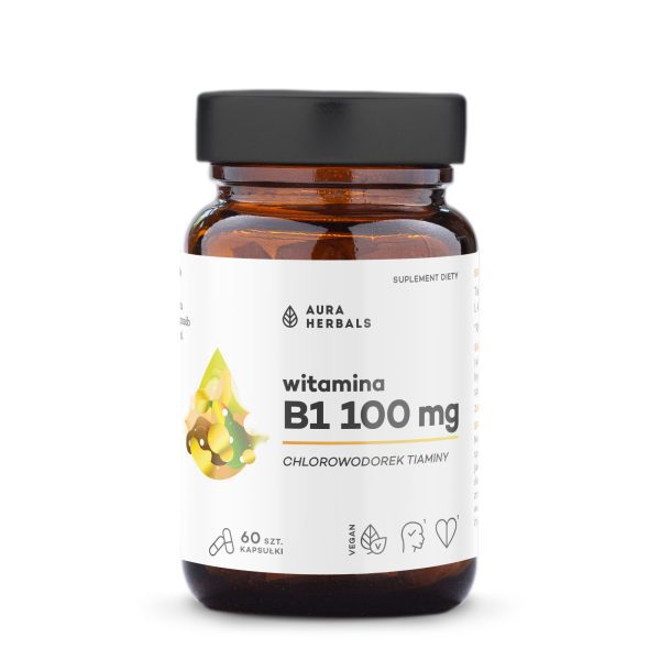 Witamina B1 100 mg, tiamina, kapsułki 60 szt Witamina B1 100 mg tiamina Aura Herbals: wegańskie kapsułki, opakowanie 60 sztuk