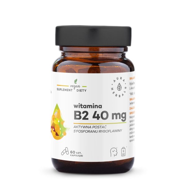 Witamina B2 R-5-P 40 mg, ryboflawina, kapsułki 60 szt Witamina B2 R-5-P 40 mg ryboflawina Aura Herbals – 60 wegańskich kapsułek z aktywną formą
