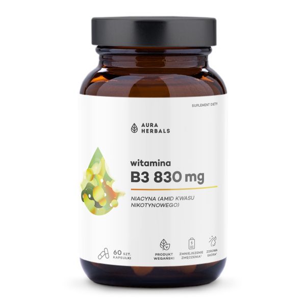 Witamina B3 830 mg, niacyna, kapsułki 60 szt Witamina B3 niacyna 830 mg Aura Herbals, 60 wegańskich kapsułek Vcaps z amidem kwasu nikotynowego