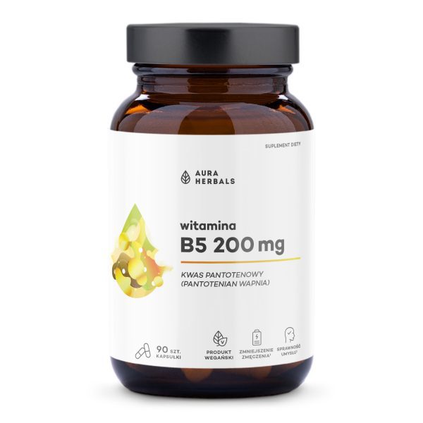 Vitamin B5 200 mg, Pantothensäure, Kapseln 90 Stück Vitamin B5 200 mg Pantothensäure Aura Herbals – 90 vegane Vcaps-Kapseln