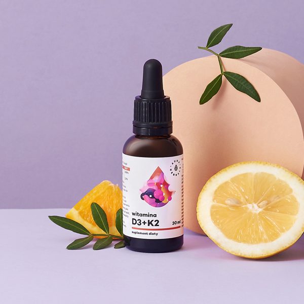 Krople D3 K2 30 ml – etykieta ze składem (D3 z lanoliny, K2 z natto)