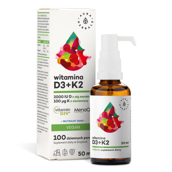 Vitamin D3 2000 IU + K2 Vegan, Tropfen 50 ml Vitamin D3 + K2 Vegan Tropfen 50 ml Aura Herbals – aus Meeresalgen und Kichererbsen