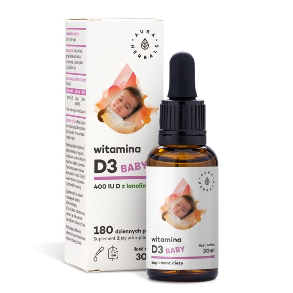 Witamina D3 Baby 400 IU krople 30 ml Aura Herbals: buteleczka z pipetą dla dzieci
