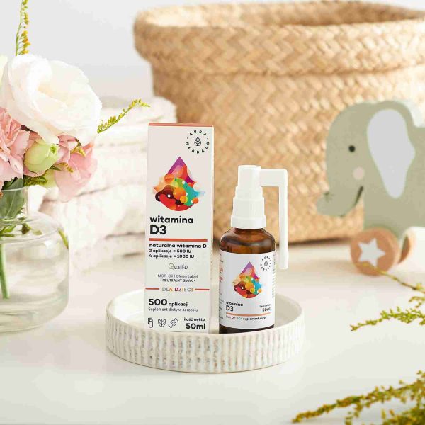 Witamina D3 dla dzieci, MCT, aerozol 50 ml Spray witamina D3 dla dzieci 50 ml: ujęcie etykiety z dawkowaniem