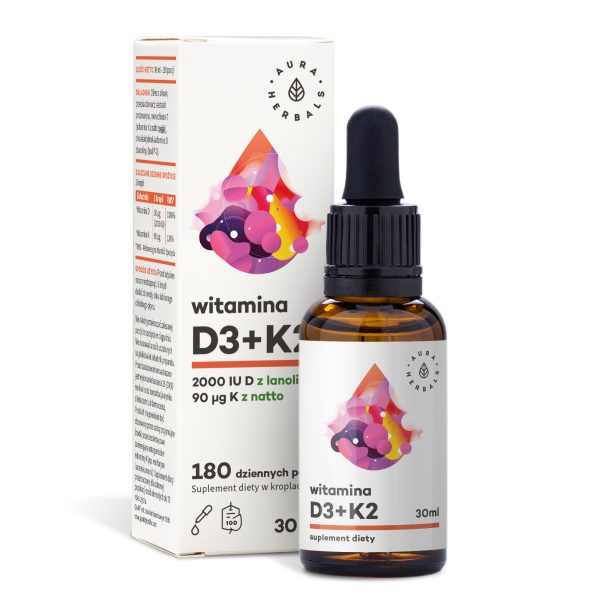 Witamina D3 + K2 krople 30 ml Aura Herbals – buteleczka z pipetą, 2000 IU na kroplę