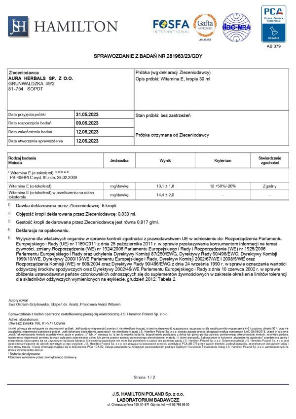 Witamina E, krople 30 ml: produkt konopny ubucha.pl Witamina E w kroplach: ochrona komórek przed stresem oksydacyjnym, ujęcie z bliska
