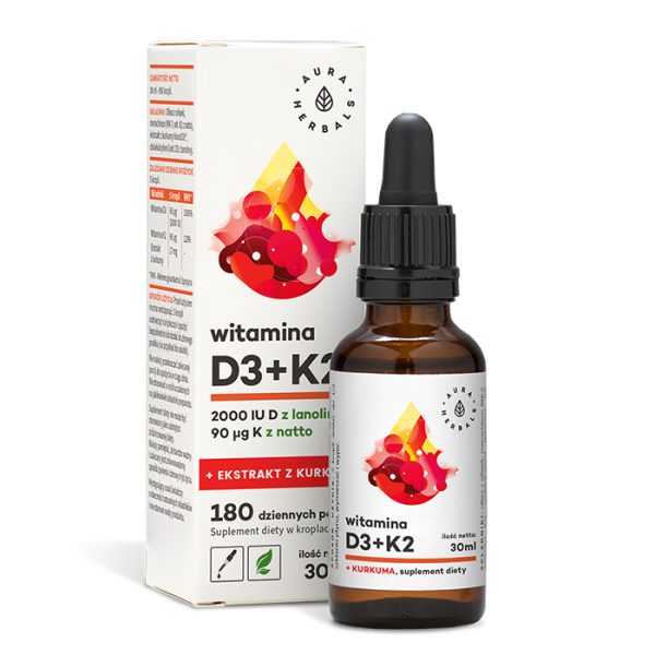 Vitamin D3 2000 IU + K2 + turmeric drops 30 ml – Aura Herbals bottle