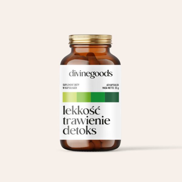 Lekkość Trawienie Detoks 60 kapsułek Lekkość Trawienie Detoks – opakowanie 60 kapsułek wegańskich z ekstraktami ziołowymi