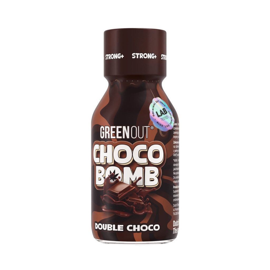 Green Out Choco Bomb Double Choco - brown bottle 100 ml with STRONG+ written on the cap