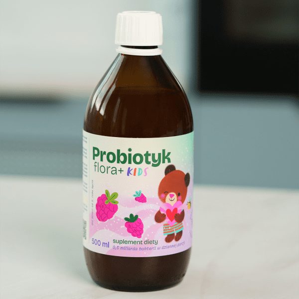 Probiotyk Flora+ KIDS: produkt konopny ubucha.pl Probiotyk Flora+ KIDS: opakowanie probiotyku dla dzieci z 5 szczepami