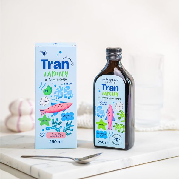 Tran Family: produkt konopny ubucha.pl Tran rybi Pasieki Rodziny Sadowskich: formuła rodzinna w opakowaniu