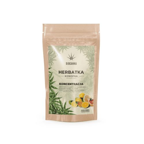 BioCanna Hanf-Konzentrat-Tee 50 g – geschlossene Doypack-Packung mit einem Etikett, das Ginkgo, Orange und Hibiskus zeigt.