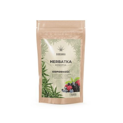 BioCanna Resistance Hanftee 50 g – geschlossene Doypack-Packung mit Hanfblatttee und Waldfrüchten auf dem Etikett
