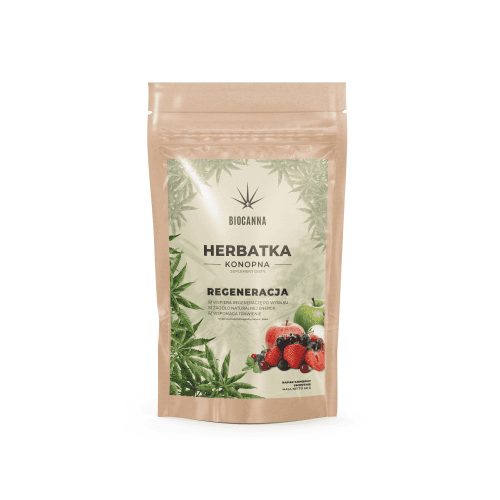 BioCanna Regeneration Hanftee 50 g – geschlossene, handgefertigte Verpackung mit Apfel- und Beerenmotiven