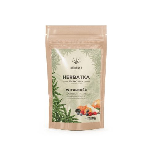 BioCanna Vitality Hanftee 50 g – versiegelte Kraftpapierverpackung mit Abbildungen von Hanfblättern und -früchten