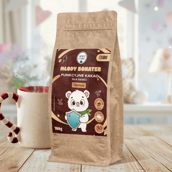 Aura Care Kakao Młody Bohater 180 g - opakowanie kakao funkcjonalnego Aura Care Kakao Młody Bohater 180 g - kakao funkcjonalne z colostrum dla dzieci, opakowanie