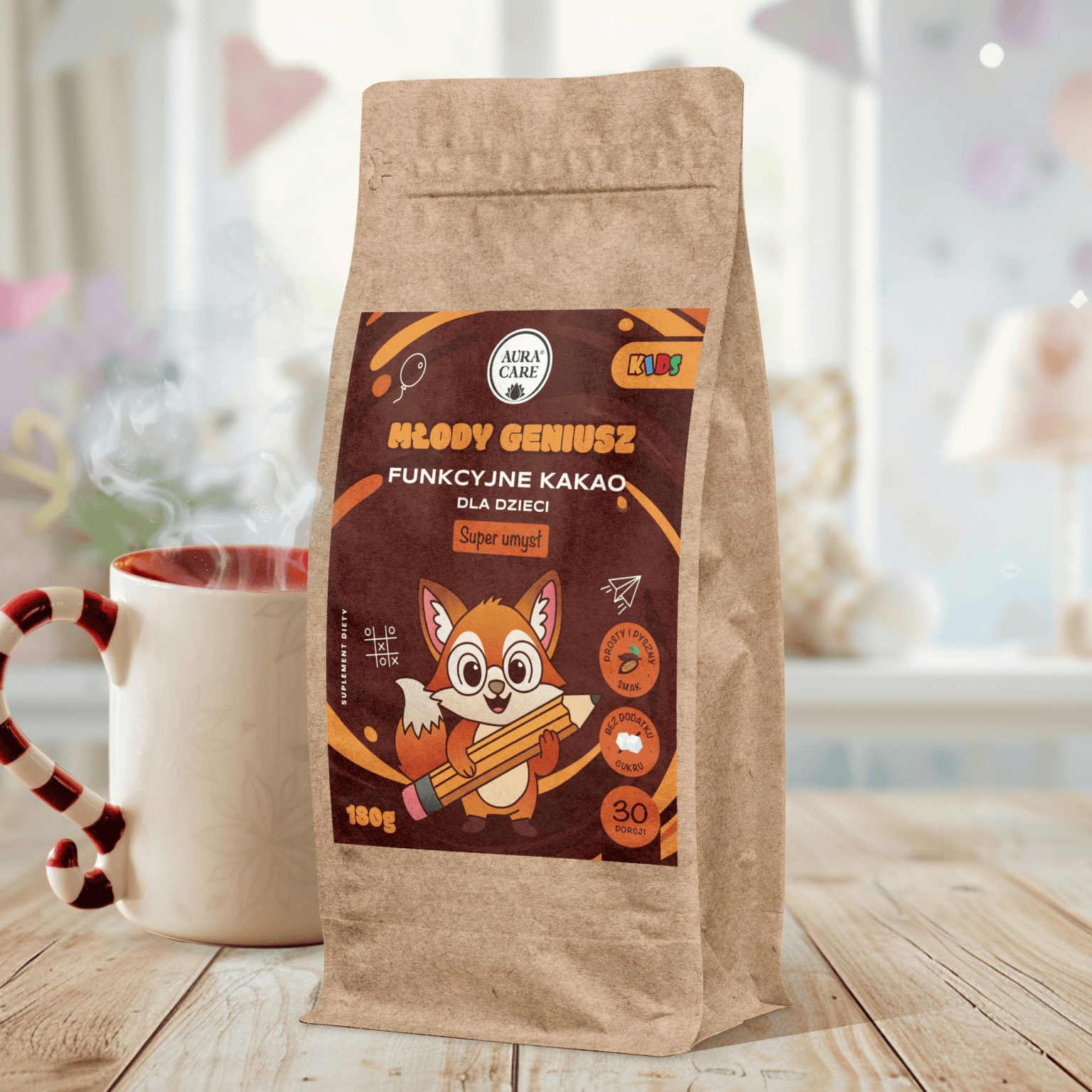 Aura Care Kakao Młody Geniusz 180 g - kakao funkcjonalne z soplówką jeżowatą dla dzieci, opakowanie