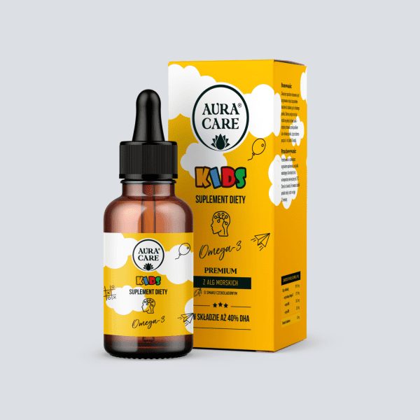 Aura Care Omega-3 dla dzieci - butelka 50 ml olejku z mikroalg Aura Care Omega-3 dla dzieci - butelka 50 ml olejku z mikroalg z maceratem kakaowca