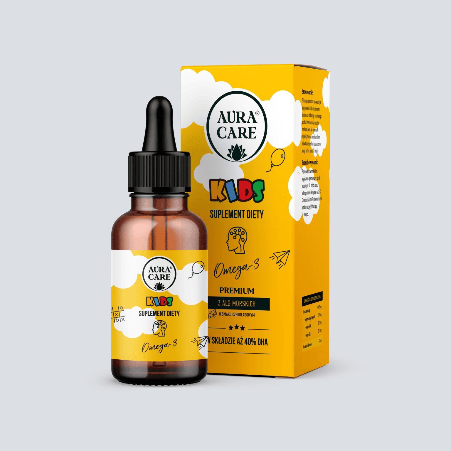Aura Care Omega-3 dla dzieci - butelka 50 ml olejku z mikroalg z maceratem kakaowca