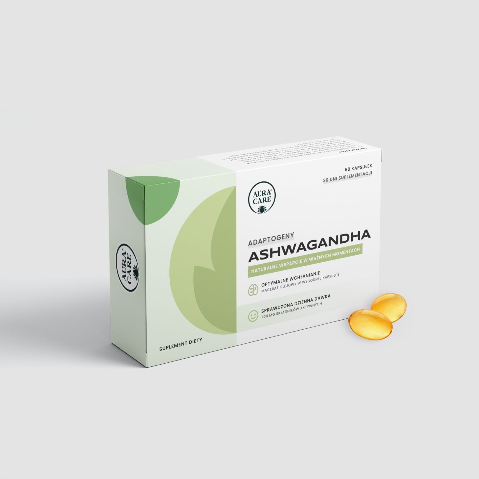 Aura Care Ashwagandha - opakowanie 60 kapsułek żelowych z maceratem olejowym z Withania somnifera