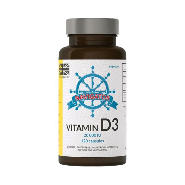 Navigator Vitamin D3 20 000 IU, 120 kapsułek, suplement diety o dużej dawce wit Navigator witamina D3 20 000 IU - butelka serii Navigator, 120 kapsułek