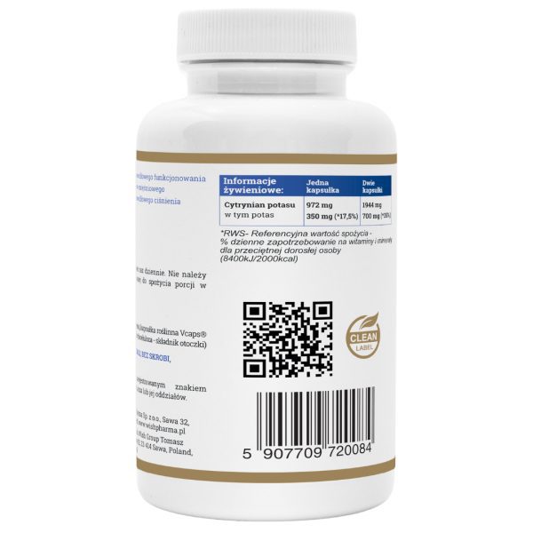 Cytrynian potasu 350 mg — wegańskie kapsułki, ujęcie z bliska