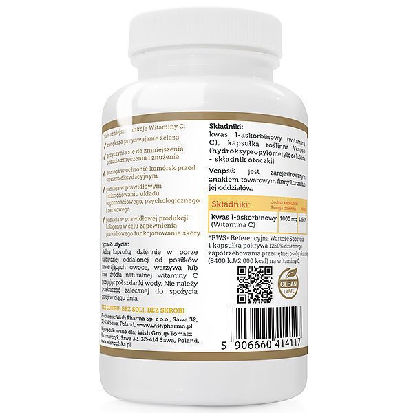 WITAMINA C 1000 mg KWAS L-ASKORBINOWY 120 KAPSUŁEK Witamina C 1000 mg L-askorbinowy 120 kapsułek: etykieta z dawką