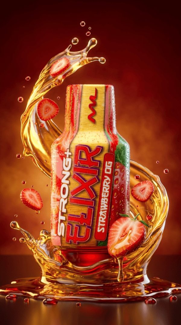 Elixir Panoramixa Strawberry OG - grafika produktowa z rozbryzgiem Butelka Elixir Panoramixa Strawberry OG MOTIVATION 100 ml - truskawkowy profil smakowy, widok etykiety