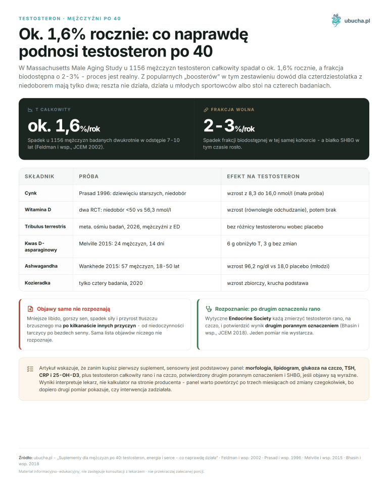 Suplementy dla mężczyzn po 40: testosteron, energia i serce - co naprawdę działa Ok. 1,6% rocznie: co naprawdę podnosi testosteron po 40