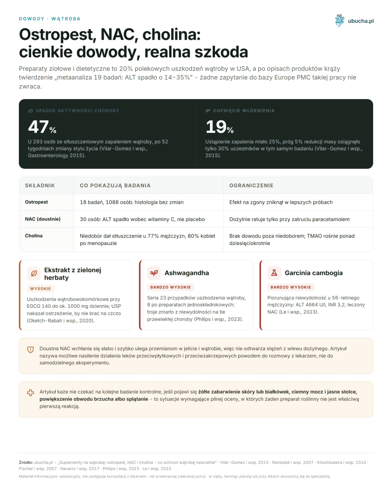 Ostropest, NAC, cholina: cienkie dowody, realna szkoda