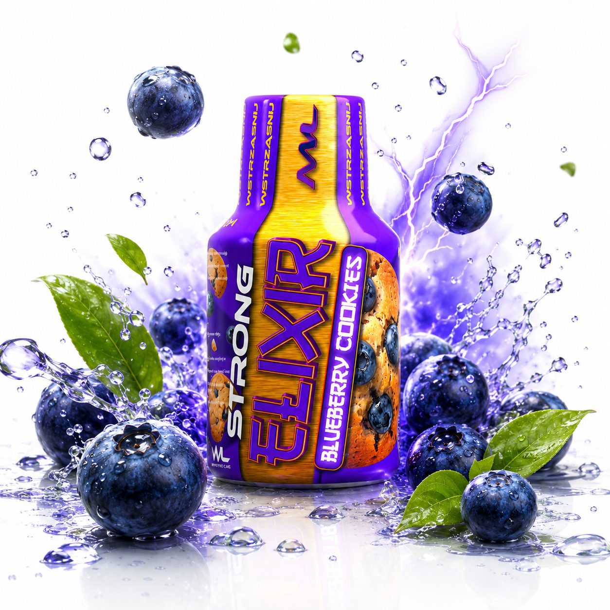 Elixir Panoramixa Blueberry Relax, butelka shota konopnego 100 ml wśród borówek na białym tle
