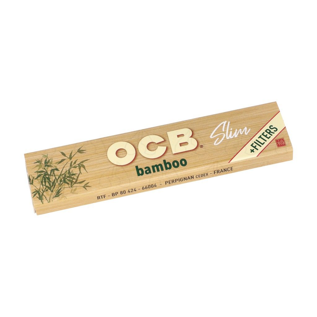 Zamknięta paczka bibułek OCB Bamboo Slim z filtrami, widoczny motyw liści bambusa
