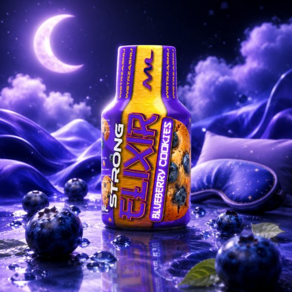 Shot konopny Elixir Panoramixa Blueberry Relax 100 ml z borówkami na fioletowym tle