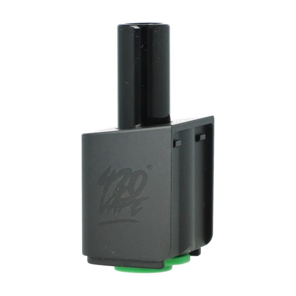5904507552763_01_biale_tlo Zmontowany ustnik ze szklaną rurką w czarnej obudowie z logo 420VAPE i zieloną wkładką u dołu