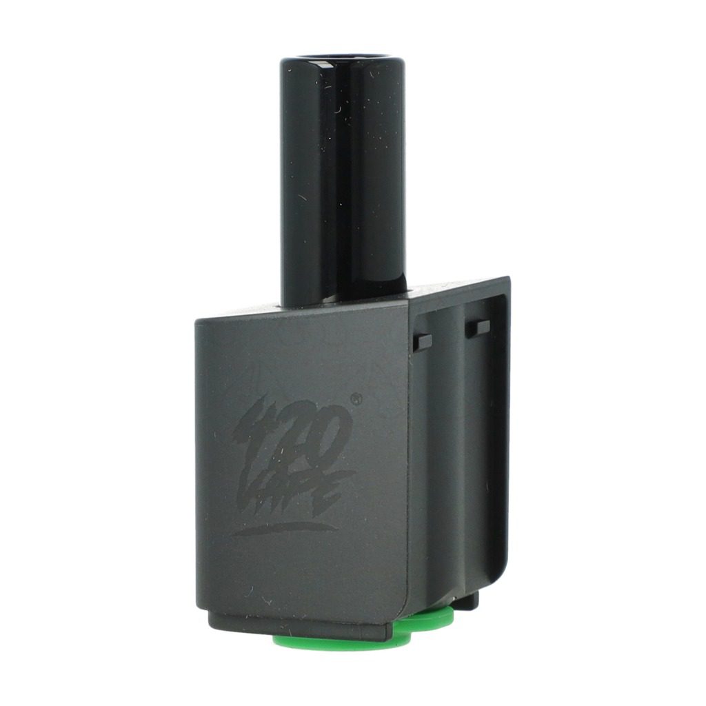 Zmontowany ustnik ze szklaną rurką w czarnej obudowie z logo 420VAPE i zieloną wkładką u dołu