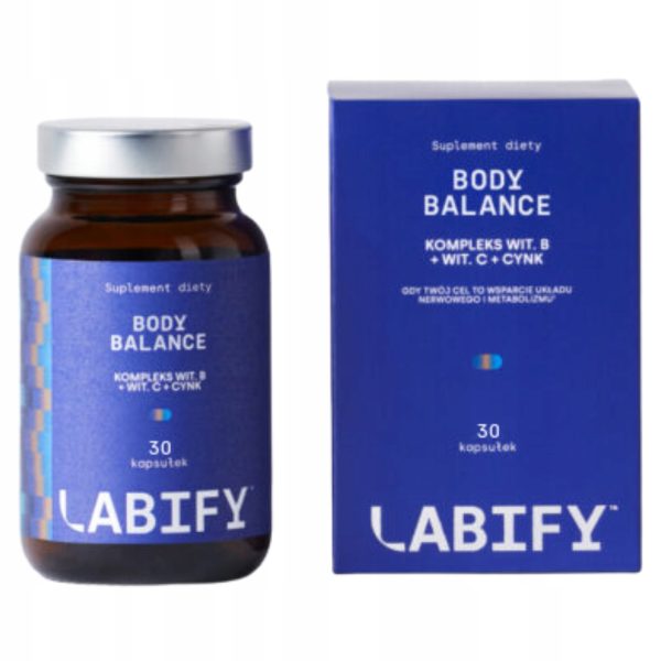 LABIFY Body B Complex+ - zdjęcie 2 LABIFY Body B Complex+ - butelka z granatową etykietą obok kartonowego pudełka, białe tło