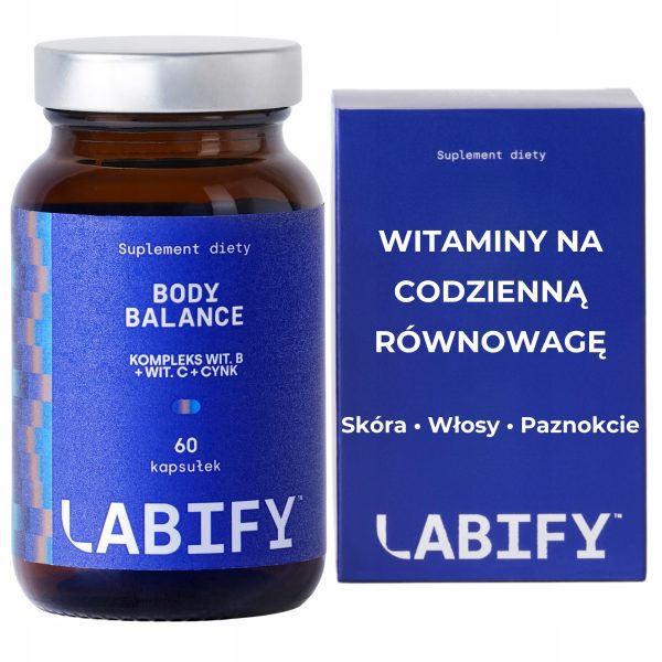 LABIFY Body B Complex+ - zdjęcie 4 LABIFY Body B Complex+ - butelka obok pudełka z hasłem o skórze, włosach i paznokciach