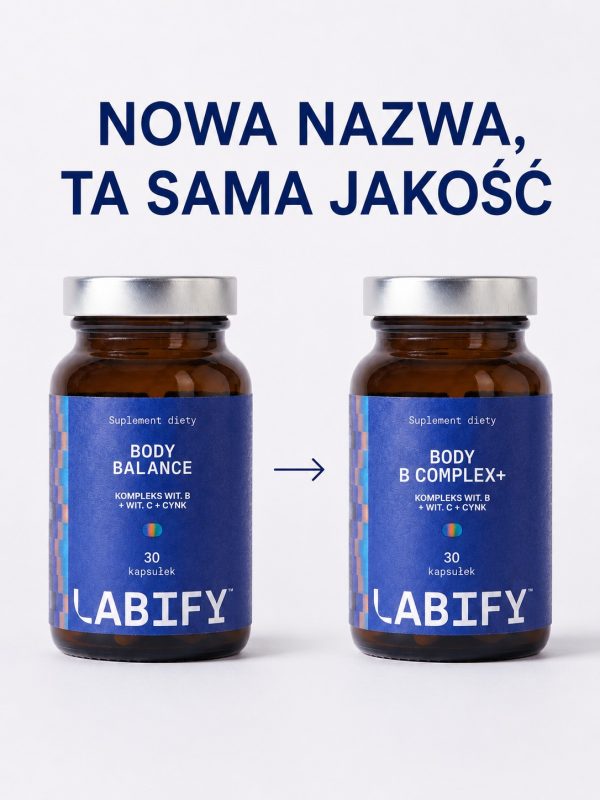 LABIFY Body B Complex+ - zdjęcie 6 LABIFY Body B Complex+ - grafika producenta o zmianie nazwy preparatu, dwie butelki ze strzałką