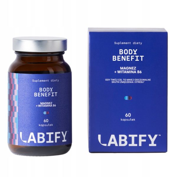 LABIFY Body Magnez+ - zdjęcie 4 LABIFY Body Magnez+ - butelka 60 kapsułek obok granatowego pudełka, białe tło