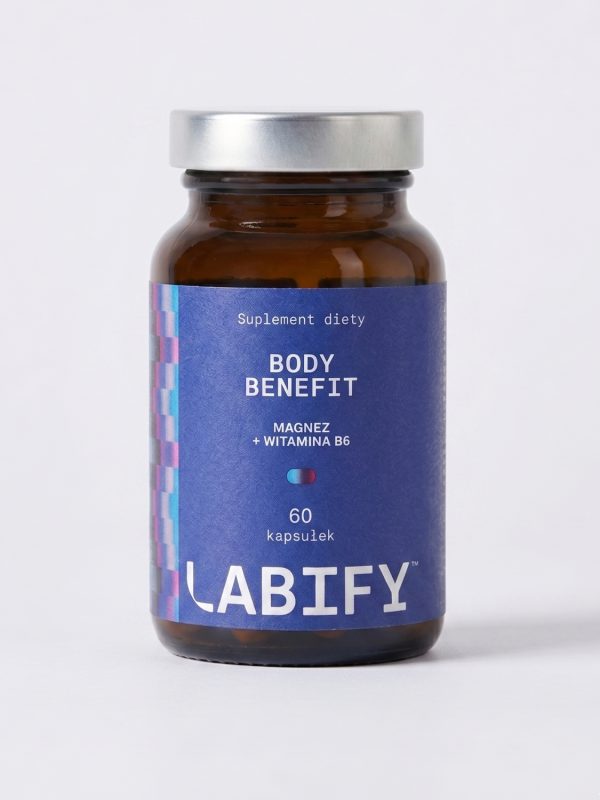LABIFY Body Magnez+ - zdjęcie 5 LABIFY Body Magnez+ - butelka 60 kapsułek na jasnoszarym tle, ujęcie pionowe