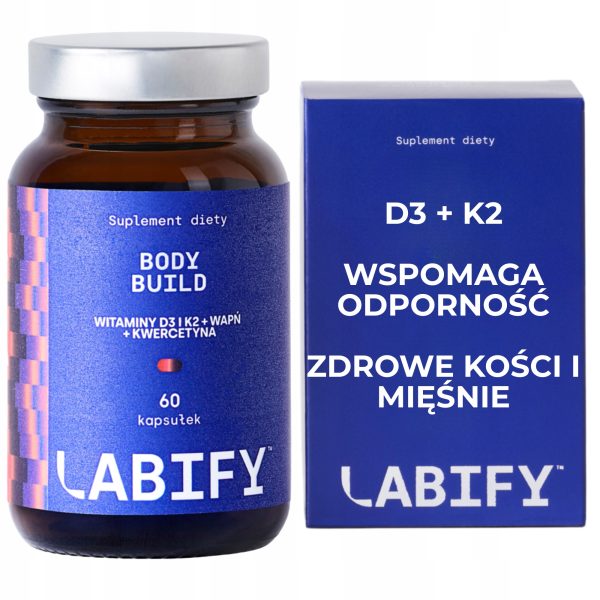 LABIFY Body D3+ - zdjęcie 2 LABIFY Body D3+ - butelka 60 kapsułek obok granatowego pudełka z opisem preparatu