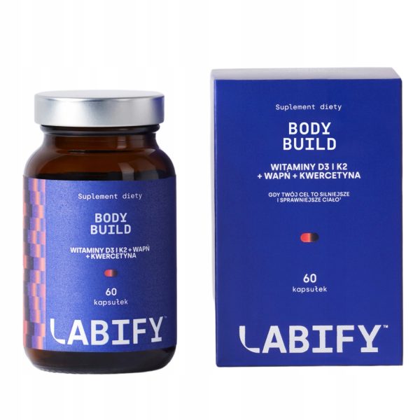 LABIFY Body D3+ - zdjęcie 5 LABIFY Body D3+ - butelka 60 kapsułek obok kartonowego pudełka, białe tło