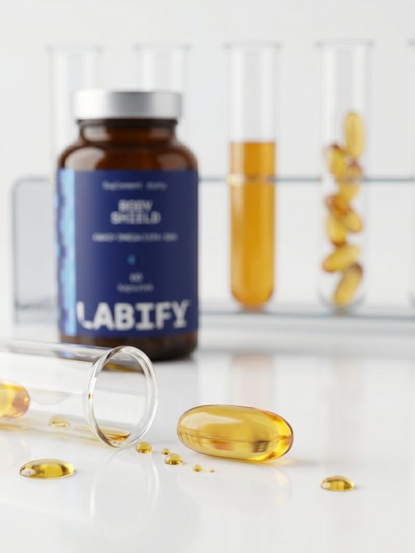 LABIFY Body Omega 3+ - zdjęcie 3 LABIFY Body Omega 3+ - butelka za probówkami, kapsułki żelowe rozsypane na blacie