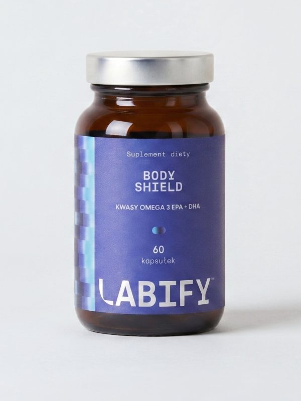 LABIFY Body Omega 3+ - zdjęcie 4 LABIFY Body Omega 3+ - butelka 60 kapsułek na jasnym tle, ujęcie pionowe