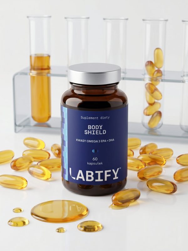 LABIFY Body Omega 3+ - zdjęcie 6 LABIFY Body Omega 3+ - butelka pośród żółtych kapsułek żelowych i probówek ze statywem